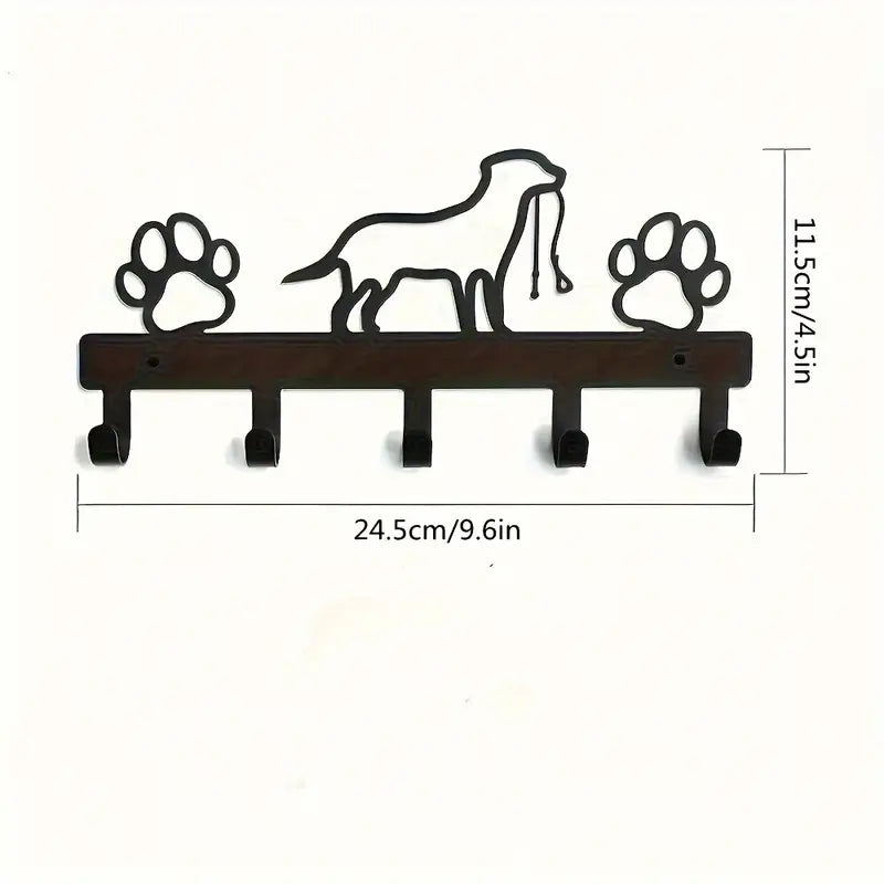 5-Hook Rust-Resistant Metal Dog Leash Organizer with Paw Prints | Wall-Mounted Pet Accessories Rack for Collars, Leashes, and More