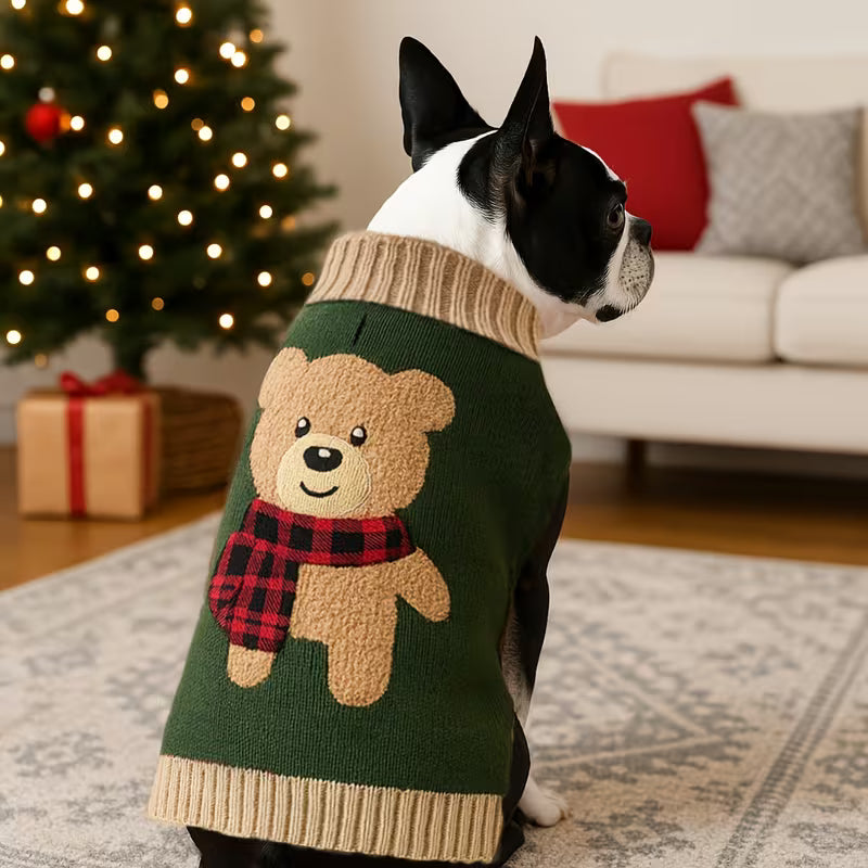 Festive Green Pullover Jumper with Teddy Bear Design, Acrylic Winter Coats for Small & Medium Dogs