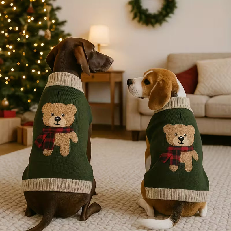 Festive Green Pullover Jumper with Teddy Bear Design, Acrylic Winter Coats for Small & Medium Dogs