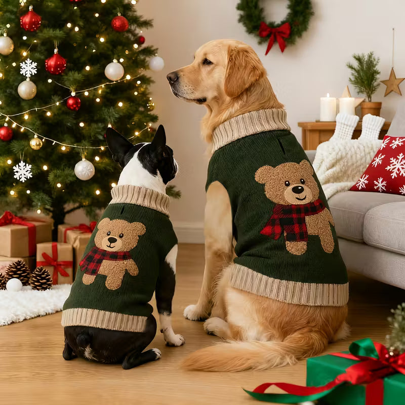 Festive Green Pullover Jumper with Teddy Bear Design, Acrylic Winter Coats for Small & Medium Dogs