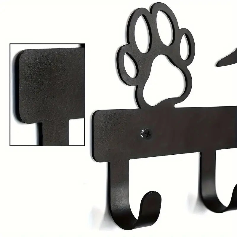 5-Hook Rust-Resistant Metal Dog Leash Organizer with Paw Prints | Wall-Mounted Pet Accessories Rack for Collars, Leashes, and More