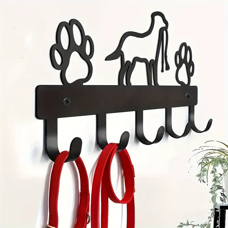 5-Hook Rust-Resistant Metal Dog Leash Organizer with Paw Prints | Wall-Mounted Pet Accessories Rack for Collars, Leashes, and More